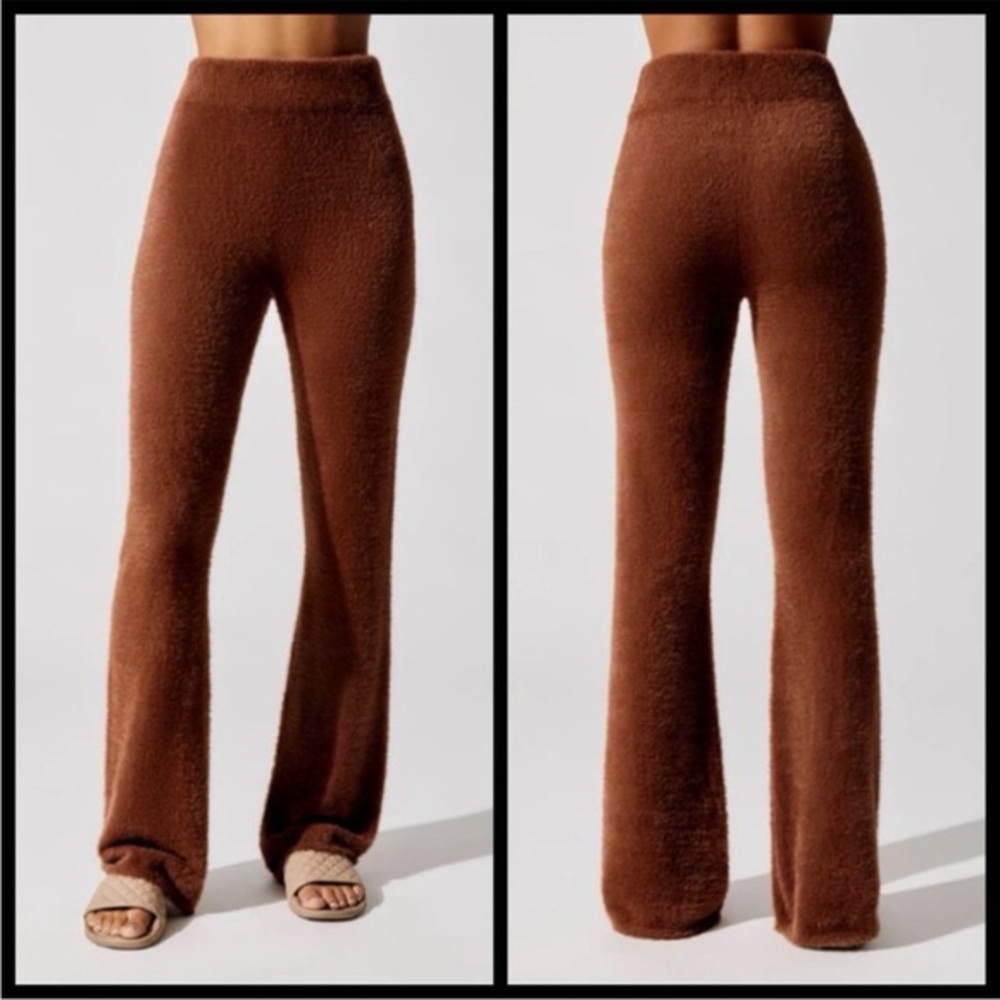 Carbon38 Fuzzy Eyelash Flare Lounge Pants in Cappuccino Brown Small Cozy Knit